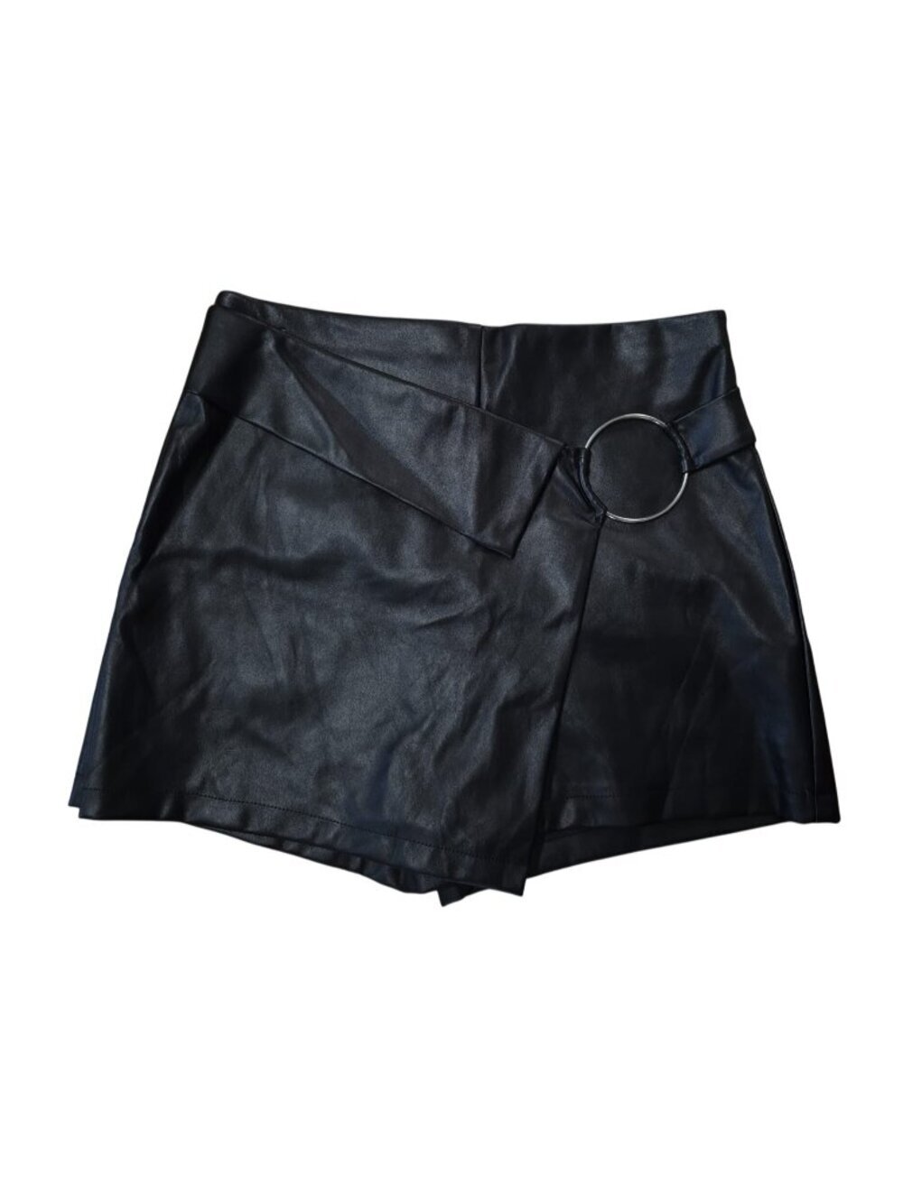 Joe Benbasset Black Faux Leather Skort Womens M High Waist Wrap Ring Accent.